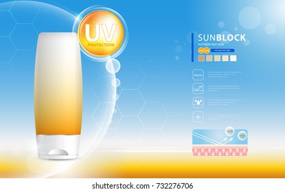 Plantilla de anuncios de bloqueo solar, productos cosméticos de protección solar con crema hidratante o líquido, fondo brillante con polka brillante, diseño vectorial.