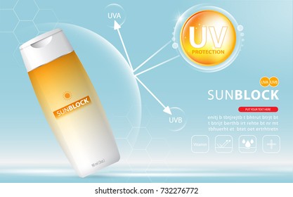 Sunblock ads template, sun protection cosmetic products design with moisturizer cream or liquid, sparkling background with glitter polka, vector design.