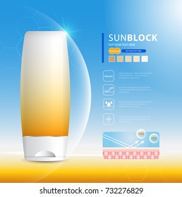 Sunblock ads template, sun protection cosmetic products design with moisturizer cream or liquid, sparkling background with glitter polka, vector design.