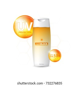 Sunblock ads template, sun protection cosmetic products design with moisturizer cream or liquid, sparkling background with glitter polka, vector design.