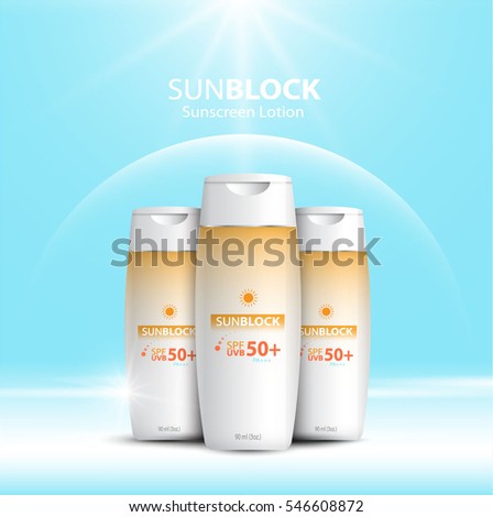Sunblock ads template, sun protection cosmetic products design with moisturizer cream or liquid, sparkling background with glitter polka, vector design.