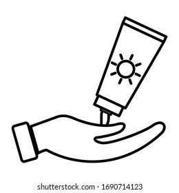 Sunblock bottle with hand icon in trendy flat style design. Vector illustration.