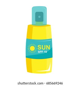 Sunblock in a bottle of spray.Cosmetics for sunbathing. Protection from sunlight. Sun tan and tanning. Vector