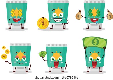 Sunblock cartoon character with cute emoticon bring money
