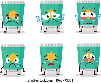 Sunblock cartoon in character with sad expression
