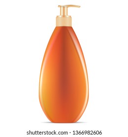 Sunblock Cosmetic Pump Dispenser Bottle. Vector Jar for Bronze Tanning Spf and Uva Sunscreen Protect. Premium Oil Moisture Essence in Yellow Packaging. Product Template Illustration.
