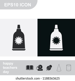 Sunblock cream bottles flat black and white vector icon.