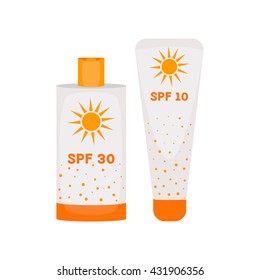 Sunblock cream bottles isolated on white background. Summer sunscreen cosmetic container icons. SPF skincare tube packaging. UV skin protection concept. Vector illustration. 

