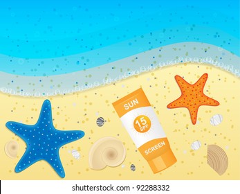 Sunblock cream on sand background. Vector illustration.