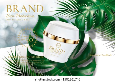 Sunblock cream product with tropical leaves on bokeh glitter background in 3d illustration