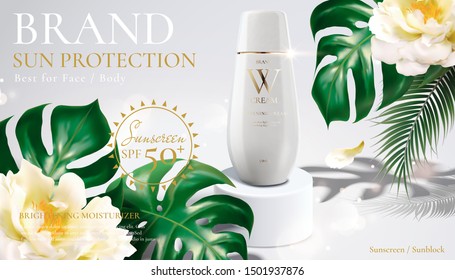 Sunblock cream product with tropical leaves and flowers in 3d illustration