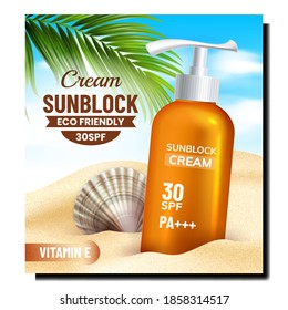 Vector de pancartas de promoción creativa Sunblock Eco Cream. Contenedor En Blanco De La Piel Protectora Del Bloque Solar Con Tapa De Bomba Y Cubierta En Cartel Publicitario De Arena Playa. Ilustración de plantilla de concepto de color de estilo