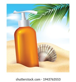 Sunblock Eco Cream Creative Promo Banner Vector. Sunblock Skin Protective Lotion Blank Container With Pump Cap And Shell On Beach Sand Advertising Poster. Style Color Concept Template Illustration