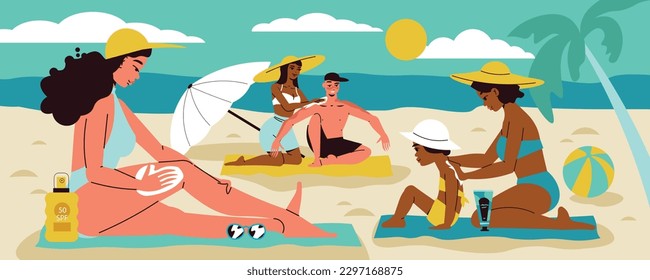 Sunblock flat concept with women appying spf products on sea beach vector illustration