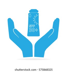 Sunblock in hand icon, sunblock SPF 30, protection skin health concept