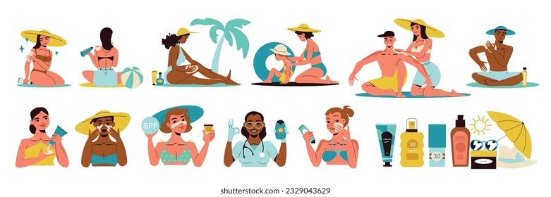 Iconos de bloqueo de sol configurados con gente aplicando protector solar en la ilustración vectorial aislada de playa