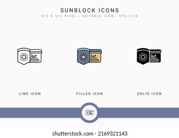 Sunblock icons set vector illustration with solid icon line style. Ultraviolet protection concept. Editable stroke icon on isolated white background for web design, user interface, and mobile app