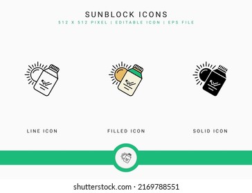 Sunblock icons set vector illustration with solid icon line style. Ultraviolet protection concept. Editable stroke icon on isolated white background for web design, user interface, and mobile app