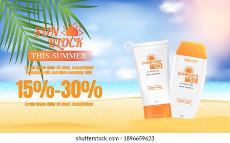 Sunblock lotion with coconut leaves and beach sand