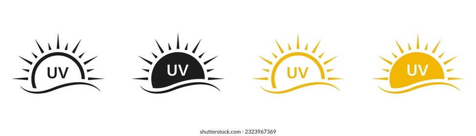 Sunblock Lotion Labels. Anti Ultraviolet Rays, Block Solar Radiation Symbol Collection. UV Skin Protection Cream Pictogram Set. Sunscreen Protect Icons. Isolated Vector Illustration.