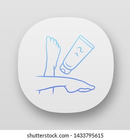 Sunblock, moisturizing foot cream app icon. UI/UX user interface. Feminine hygiene, body care. Web or mobile application. Vector isolated illustration. Cosmetology, skincare product, suntan protection