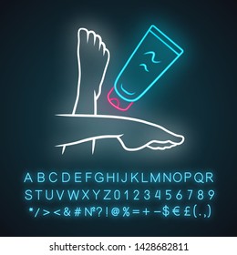 Sunblock, moisturizing foot cream neon light icon. Glowing sign with alphabet, numbers and symbols. Vector isolated illustration. Feminine hygiene, body care. Skincare product, suntan protection