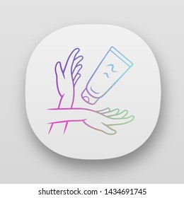 Sunblock, moisturizing hand cream app icon. UI/UX user interface. Feminine hygiene, body care. Web or mobile application. Vector isolated illustration. Cosmetology, skincare product, suntan protection