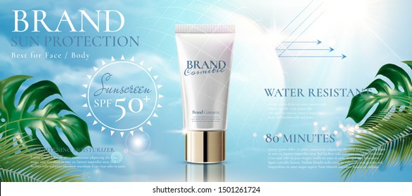 Sunblock product ads with translucent protective shield and tropical leaves on blue sky in 3d illustration