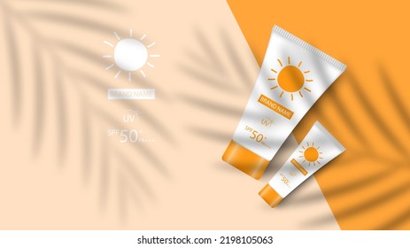 Sunblock product design mockup background, cosmetic advertisement design, vector illustration