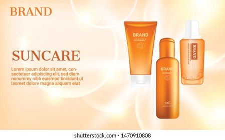 Sunblock products with big bubbles on light radiant background