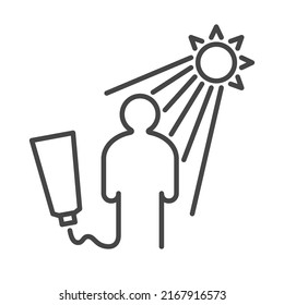 Sunblock protection, solar activity, preventive measures. Flaming and beaming sun, bottle of sunblock, squeezed out sunscreen cream as man silhouette. Thin line vector icon. 48x48. Editable Strokes