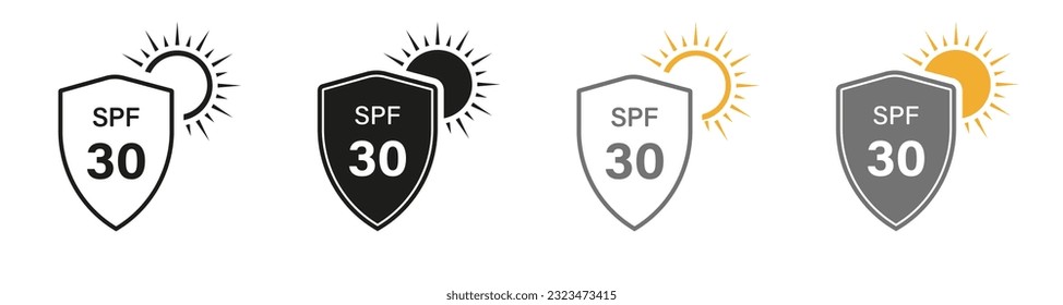 Sunblock SPF 30, Skin Protect Pictogram. Shield Block Ultraviolet Rays Symbol Collection. Sun Protection Line and Silhouette Icon Set. Summer Cream, Solar Safety Label. Isolated Vector Illustration.