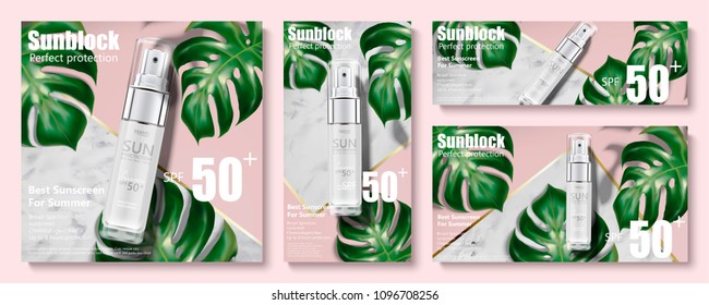 Sunblock spray banner ads with tropical leaves on marble stone and pink background in 3d illustration
