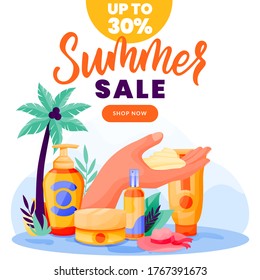 Sunblock and summer cosmetic sale banner, poster design template. Vector flat cartoon illustration of sunscreen packaging on palm beach background. Face and body care cream and spray