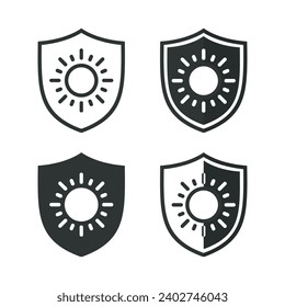Bloqueo de sol, sol con icono de escudo. Vector de ilustración