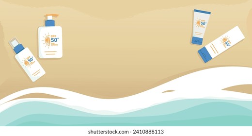 Sunblock sunscreen products summer beach banner. SPF summer skincare products on a sand and wave background. SPF 50 cream, spray, lotion, milk. Vector illustration