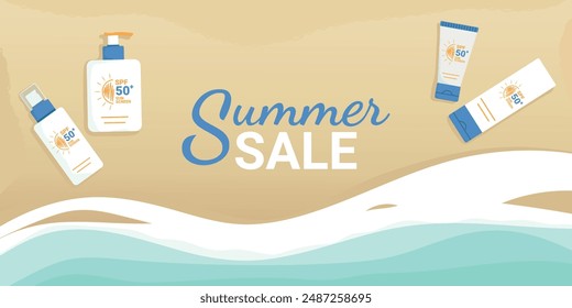 Productos de protección solar Anuncio de playa de verano. Venta de verano. Productos de cuidado de la piel de verano SPF sobre un fondo de arena y ola. SPF 50 crema, spray, loción, leche