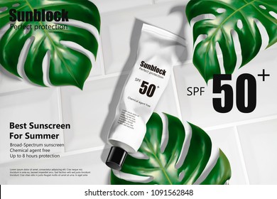 Sunblock tube on white tiles with tropical leaves in 3d illustration