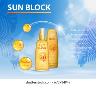 Sunblock UV protection ads template, sun care protection cosmetic products design face and body cream and oil on palm beach summer background. vector illustration