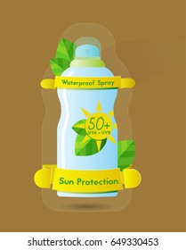 Sunblock waterproof spray can, high protection spf 50+, color vector illustration