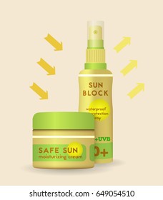 Sunblock waterproof spray and moisturizing cream can, protecting and reflecting harmful uv radiation, color vector illustration