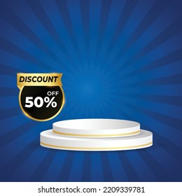 sunbrust dark blue sunshine with podium and discount tag colorful vector background. Abstract Blue wallpaper for banner, ad, social media and template. eps vector file