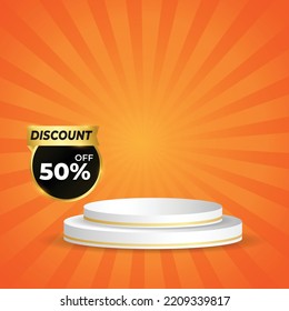 sunbrust orange sunshine with podium and discount tag colorful vector background. Abstract orange wallpaper for banner, ad, social media and template. eps vector file