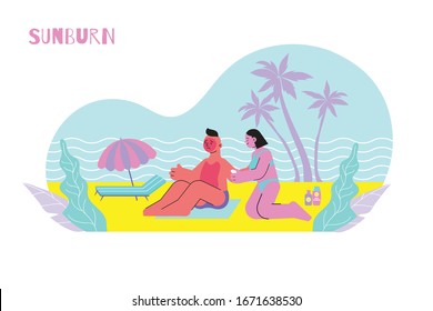 Sunburn flat composition with human characters of young couple sunbathing on beach with first aid cream vector illustration