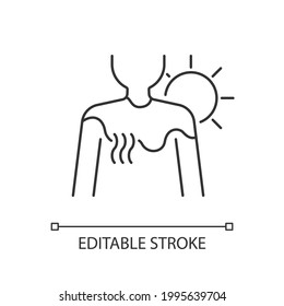 Sunburn linear icon. Person under sunlight exposure. Inflammation during summer from heatstroke. Thin line customizable illustration. Contour symbol. Vector isolated outline drawing. Editable stroke
