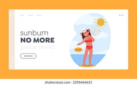 Sunburn No More Landing Page Template. Smiling Child Girl Character Protected From Sunburn By Applying Skin Cream, Enjoying Outdoor Beach Activities Without Skin Damage. Cartoon Vector Illustration