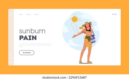 Sunburn Pain Landing Page Template. Woman Character Applies Sunscreen On the Beach, Using Hand To Rub Lotion Onto Skin, Protecting From Harmful Uv Rays. Cartoon People Vector Illustration