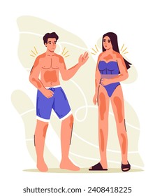 Sunburn people concept. Man and woman with red spots at body. Tourists and travelers in swimsuits after unsuccessful sunbathing. Cartoon flat vector illustration isolated on white background