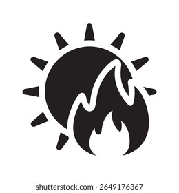 Sunburn risk icon with sun on fire a symbol for heatwave and high temperature warning representing danger of skin damage from uv radiation vector solid glyph icon