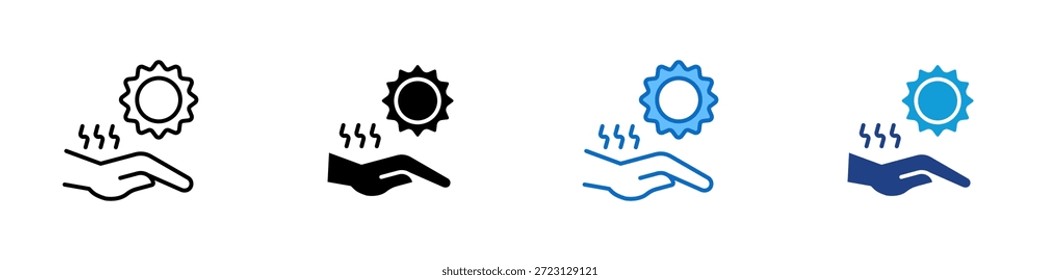 Vector de diseño de íconos de estilo múltiple: símbolo de mano y sol que representa el daño a la piel, la irritación por el calor y el riesgo de quemaduras solares